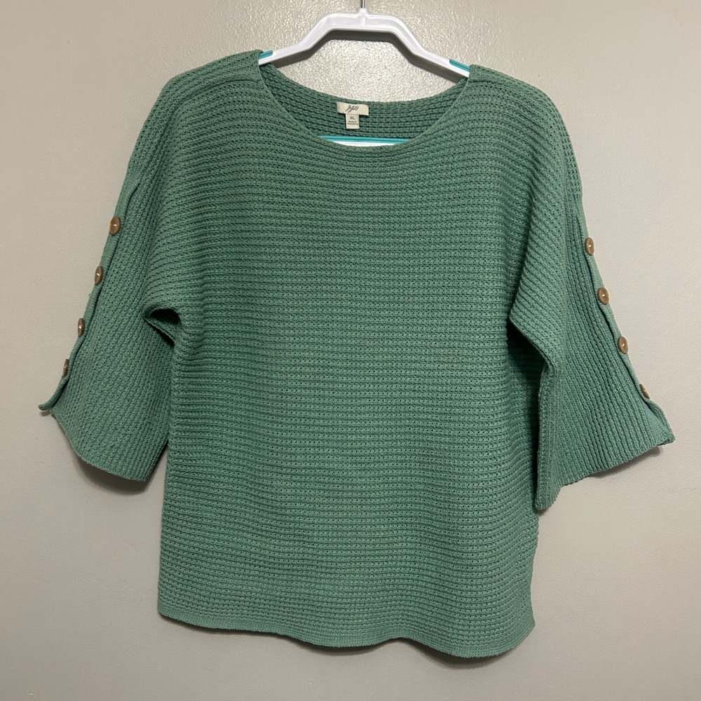 J. Jill Sweater Women XL Green Button Sleeve Textured Knit Coastal Grandma Chic